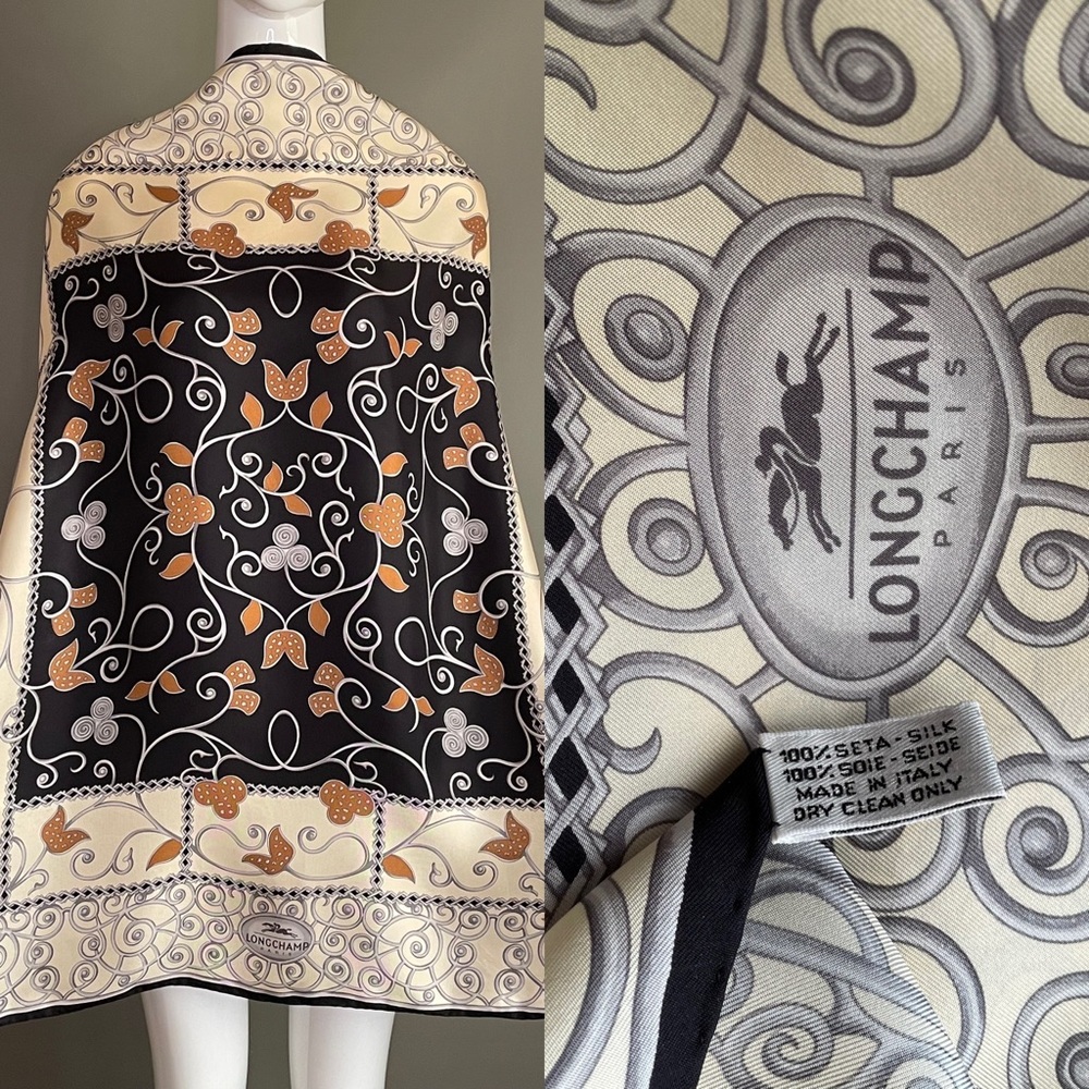 Longchamp Silk Scarf in Black, Cream & Tan with Floral Scroll Motif